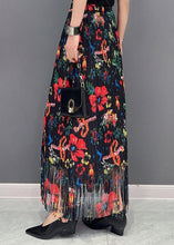 Load image into Gallery viewer, Boho Black Wrinkled Tasseled Floral Print Cotton Skirts Spring