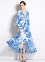 Boho Blue V Neck Print Patchwork Chiffon Vacation Dresses Long Sleeve