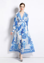 Load image into Gallery viewer, Boho Blue V Neck Print Patchwork Chiffon Vacation Dresses Long Sleeve