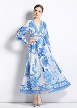 Load image into Gallery viewer, Boho Blue V Neck Print Patchwork Chiffon Vacation Dresses Long Sleeve
