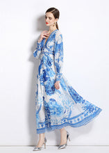 Load image into Gallery viewer, Boho Blue V Neck Print Patchwork Chiffon Vacation Dresses Long Sleeve