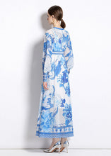 Load image into Gallery viewer, Boho Blue V Neck Print Patchwork Chiffon Vacation Dresses Long Sleeve