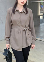 Boho Coffee Asymmetrical Lace Up Spandex Shirt Top Fall