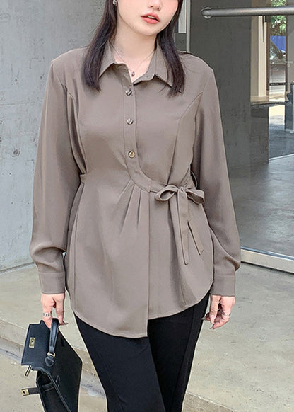 Boho Coffee Asymmetrical Lace Up Spandex Shirt Top Fall