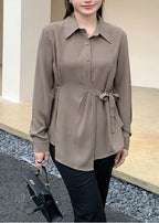 Boho Coffee Asymmetrical Lace Up Spandex Shirt Top Fall