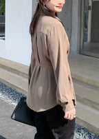 Boho Coffee Asymmetrical Lace Up Spandex Shirt Top Fall