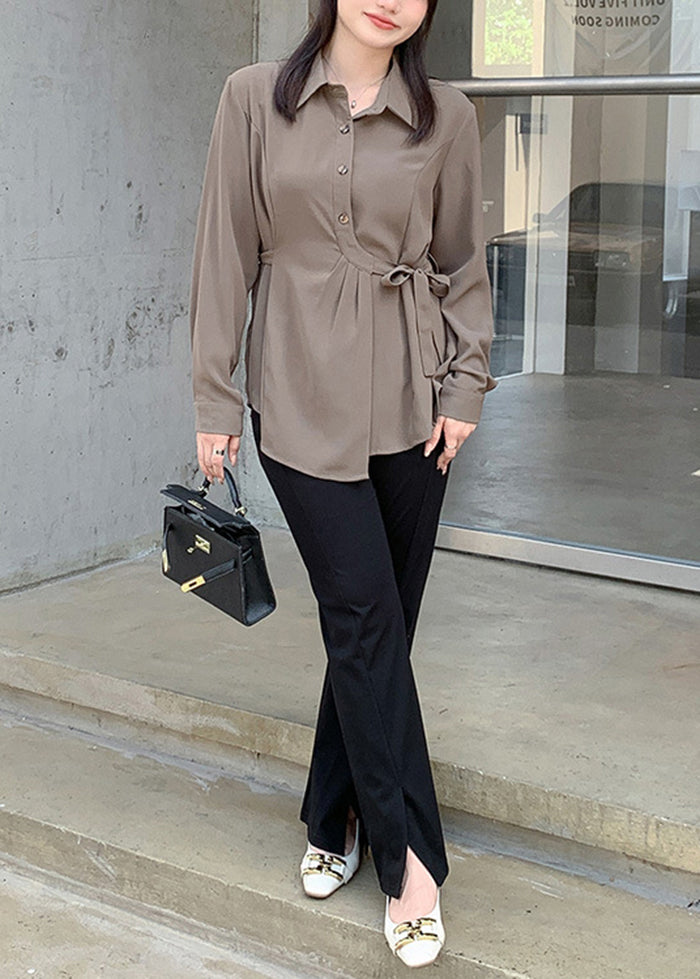 Boho Coffee Asymmetrical Lace Up Spandex Shirt Top Fall