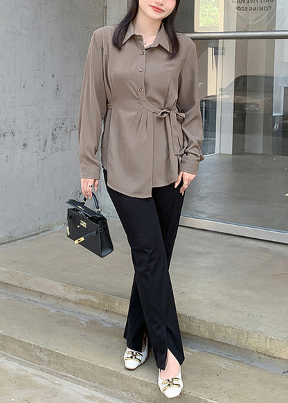 Boho Coffee Asymmetrical Lace Up Spandex Shirt Top Fall