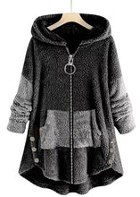 Load image into Gallery viewer, Boho Dark Gray Hooded Pockets Zippered Patchwork Teddy Faux Fur Coats Fall
