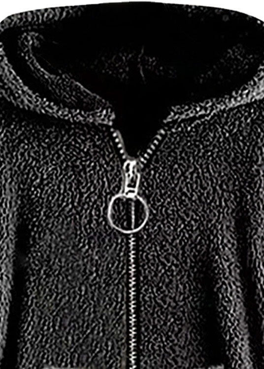 Boho Dark Gray Hooded Pockets Zippered Patchwork Teddy Faux Fur Coats Fall