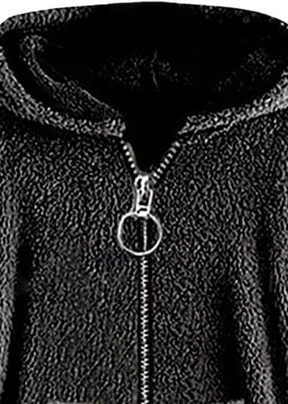 Boho Dark Gray Hooded Pockets Zippered Patchwork Teddy Faux Fur Coats Fall