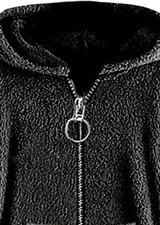 Boho Dark Gray Hooded Pockets Zippered Patchwork Teddy Faux Fur Coats Fall