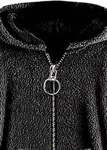 Boho Dark Gray Hooded Pockets Zippered Patchwork Teddy Faux Fur Coats Fall