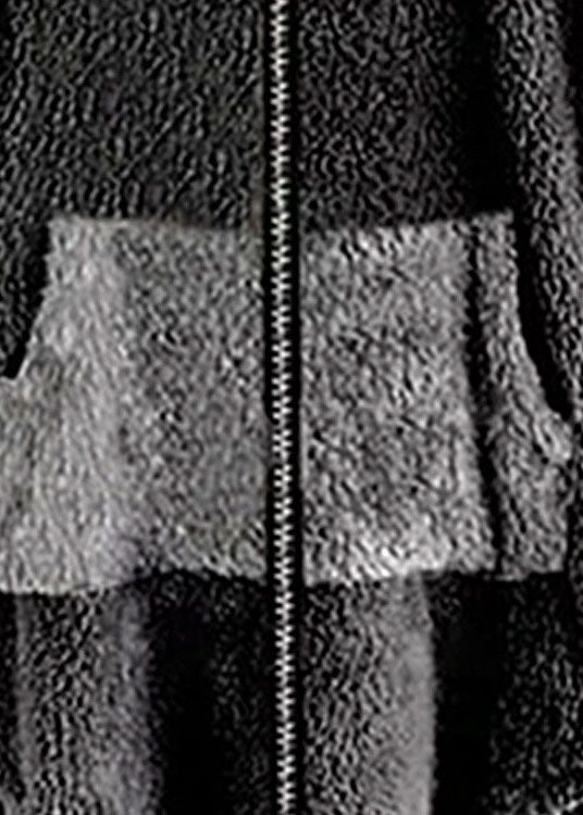 Boho Dark Gray Hooded Pockets Zippered Patchwork Teddy Faux Fur Coats Fall