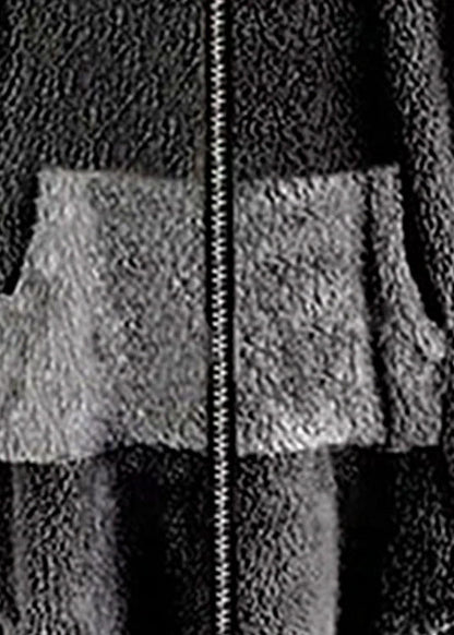 Boho Dark Gray Hooded Pockets Zippered Patchwork Teddy Faux Fur Coats Fall