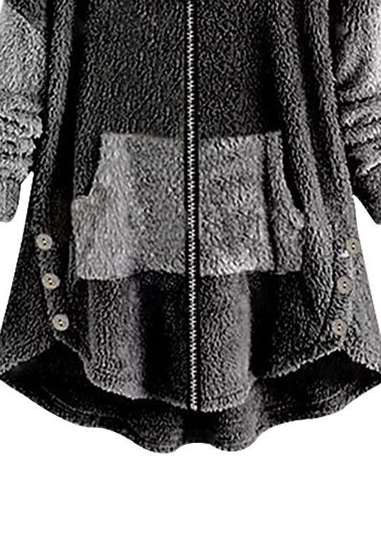 Boho Dark Gray Hooded Pockets Zippered Patchwork Teddy Faux Fur Coats Fall