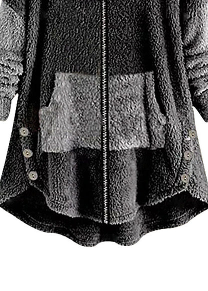 Boho Dark Gray Hooded Pockets Zippered Patchwork Teddy Faux Fur Coats Fall