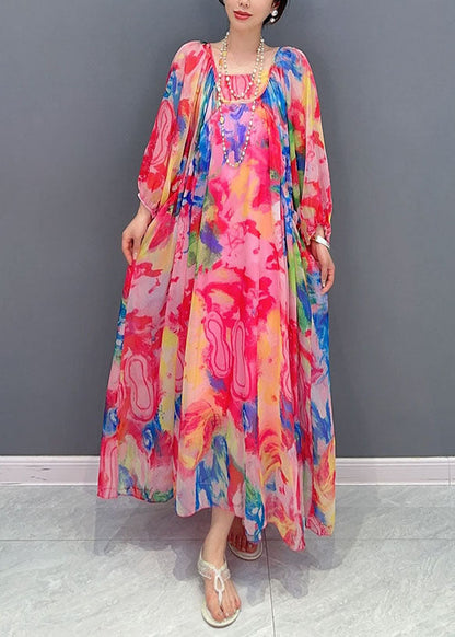 Boho Floral Wrinkled Lace Up Patchwork Chiffon Long Dress Summer