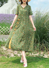 Load image into Gallery viewer, Boho Green Stand Collar Chinese Button Print Linen Dress Summer