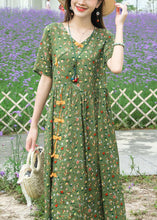 Load image into Gallery viewer, Boho Green Stand Collar Chinese Button Print Linen Dress Summer