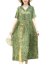 Load image into Gallery viewer, Boho Green Stand Collar Chinese Button Print Linen Dress Summer