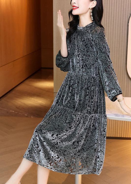 Boho Grey O-Neck Patchwork Print Silk Velour Maxi Dress Spring