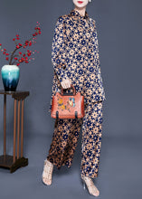 Load image into Gallery viewer, Boho Khaki Stand Collar Print Silk Tops And Pants Two Pieces Set Summer