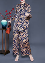 Load image into Gallery viewer, Boho Khaki Stand Collar Print Silk Tops And Pants Two Pieces Set Summer