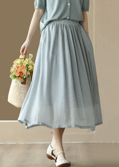 Boho Light Blue Wrinkled Pockets Patchwork Cotton Skirts Summer