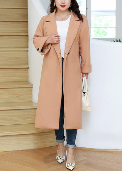 Boho Light Orange Tie Waist Pockets Woolen Trench Fall