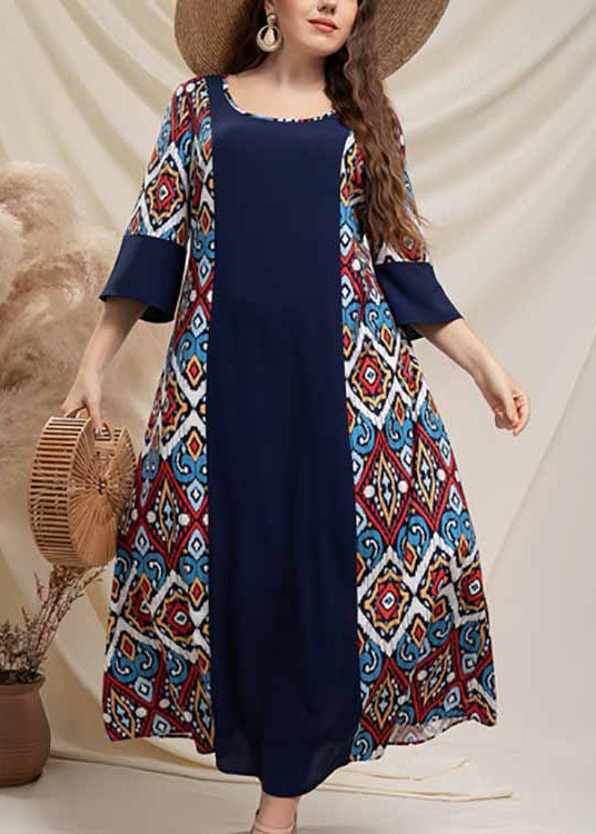 Boho Navy O Neck Print Patchwork Cotton Dresses Half Sleeve