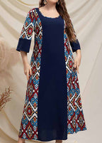 Boho Navy O Neck Print Patchwork Cotton Dresses Half Sleeve
