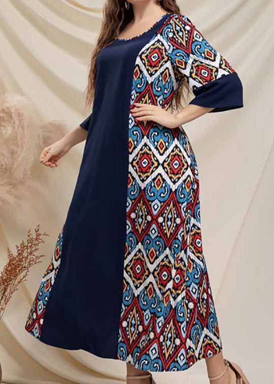 Boho Navy O Neck Print Patchwork Cotton Dresses Half Sleeve