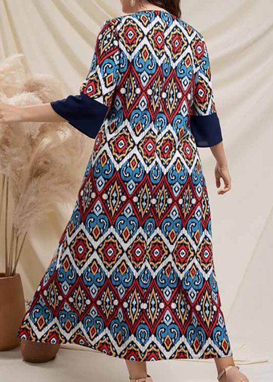 Boho Navy O Neck Print Patchwork Cotton Dresses Half Sleeve