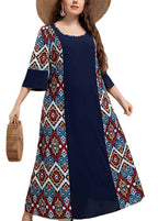 Boho Navy O Neck Print Patchwork Cotton Dresses Half Sleeve