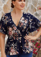 Boho Navy V Neck Print Wrinkled Chiffon Shirts Short Sleeve