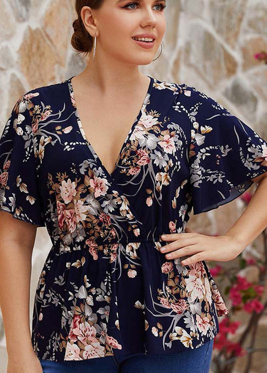 Boho Navy V Neck Print Wrinkled Chiffon Shirts Short Sleeve