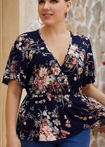Boho Navy V Neck Print Wrinkled Chiffon Shirts Short Sleeve