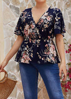 Boho Navy V Neck Print Wrinkled Chiffon Shirts Short Sleeve