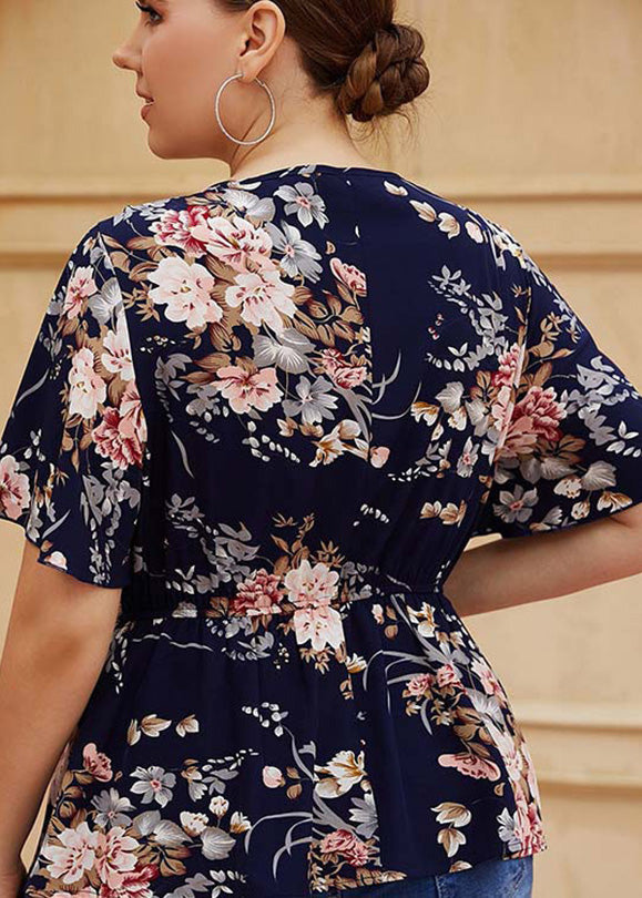 Boho Navy V Neck Print Wrinkled Chiffon Shirts Short Sleeve