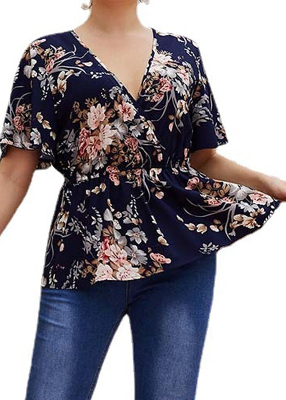 Boho-Navy-Hemd aus faltigem Chiffon mit V-Ausschnitt und kurzen Ärmeln