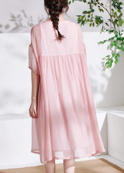 Boho Pink O-Neck Patchwork Summer Cotton Maxi Dresses Half Sleeve