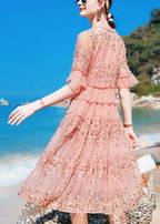 Boho Pink O-Neck Ruffled Print Silk Maxi Dresses Short Sleeve