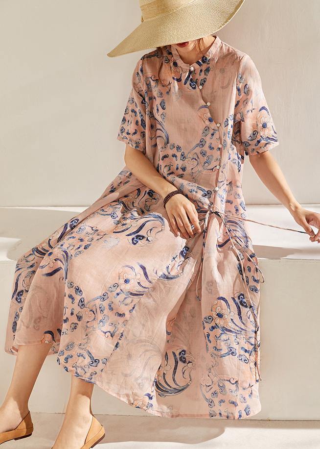 Boho Pink Print  Tie Waist Patchwork Summer Ramie Long Dress Short Sleeve