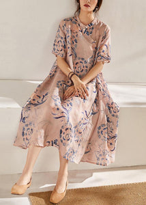 Boho Pink Print  Tie Waist Patchwork Summer Ramie Long Dress Short Sleeve