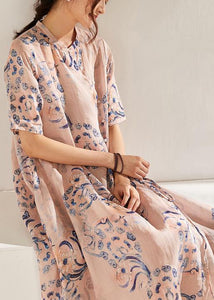 Boho Pink Print  Tie Waist Patchwork Summer Ramie Long Dress Short Sleeve