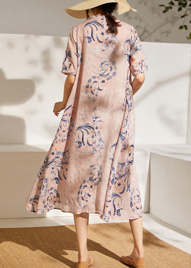 Boho Pink Print  Tie Waist Patchwork Summer Ramie Long Dress Short Sleeve