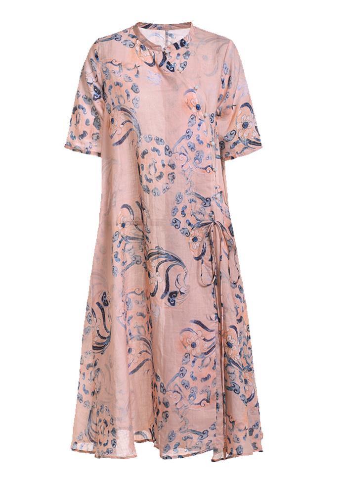 Boho Pink Print  Tie Waist Patchwork Summer Ramie Long Dress Short Sleeve