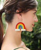 Boho Rainbow Cotton Knit Fabric Tassel Hoop Earrings