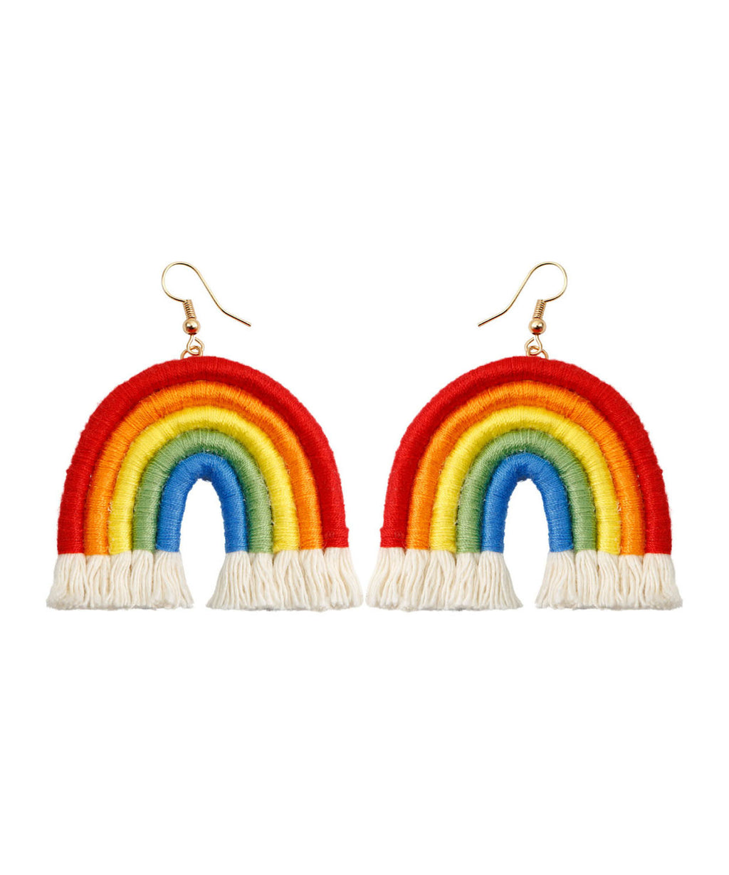 Boho Rainbow Cotton Knit Fabric Tassel Hoop Earrings